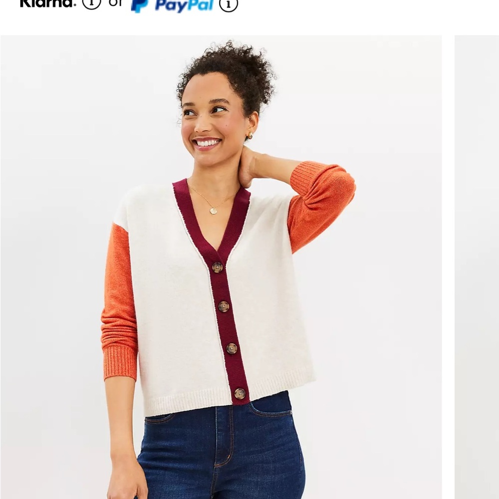 LOFT Colorblock Cardigan Sweater - Cream, Burgundy, and Orange